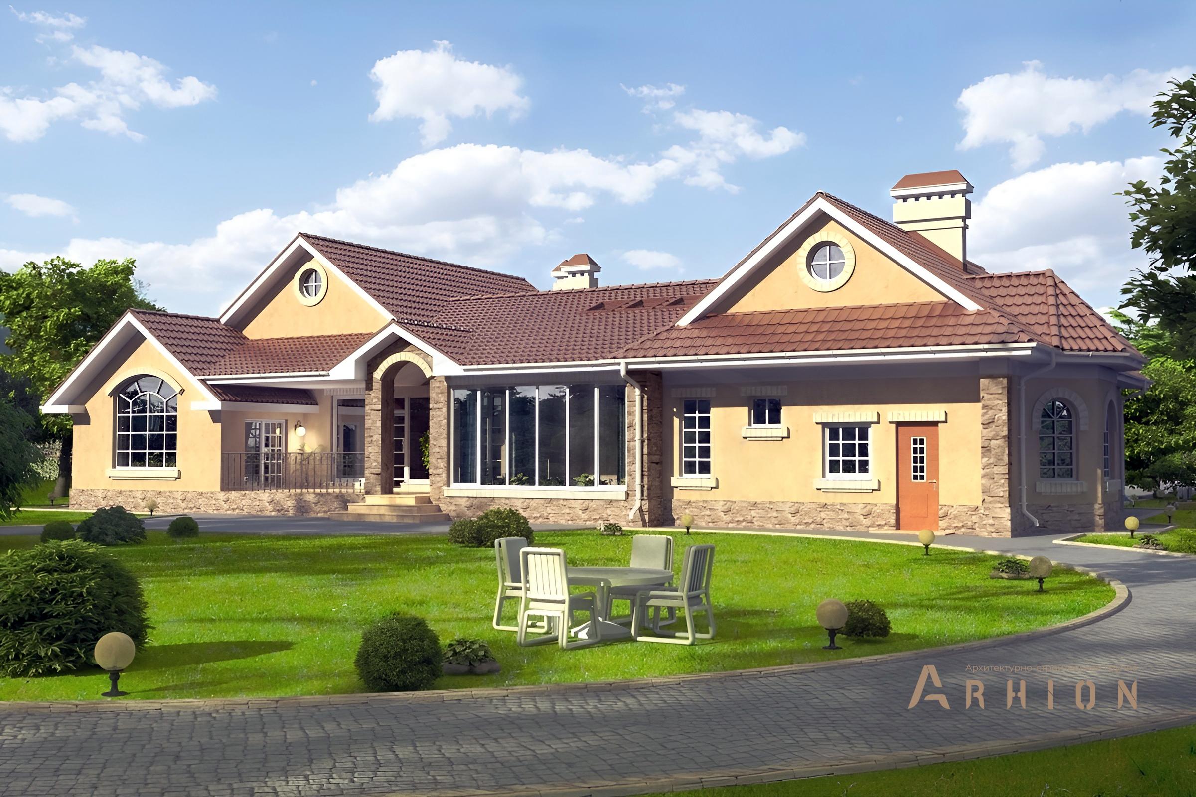 8. Проект одноэтажного дома в современном стиле с многоскатной кровлей, cp-49-95, площадью - 335 кв c гаражом